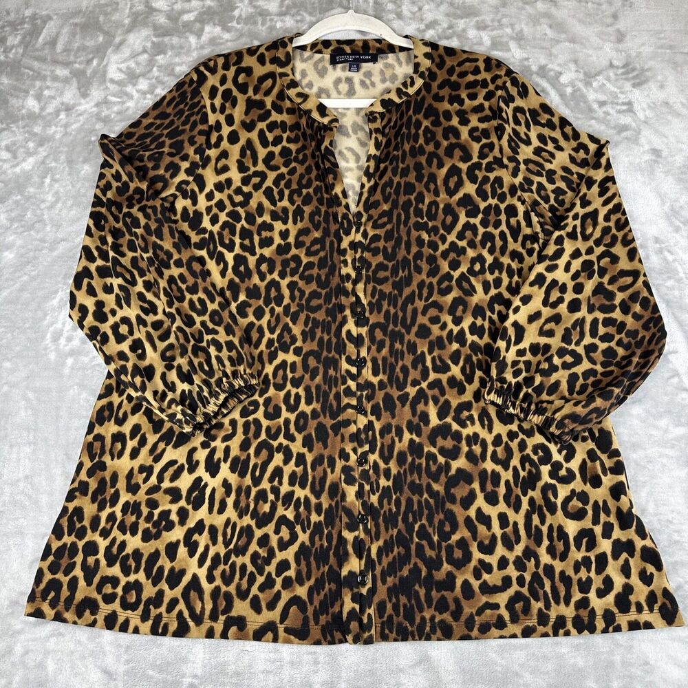 Jones New York Signature Button Up Blouse Women's Large Leopard Black Tan (0774)